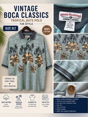 Vintage Y2K Boca Classics Tropical Island Print Polo Short XLT Gpa Beachcore
